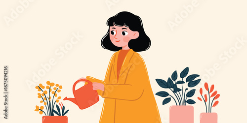 A woman attentively waters vibrant plants with a gentle touch, celebrating the simple pleasures of nurturing life and beauty. 