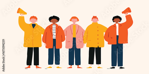 A diverse group of individuals stand united, each holding a megaphone, embodying the spirit of advocacy and collective action. This illustration captures a moment of solidarity.