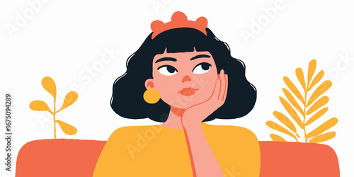 A whimsical illustration of a thoughtful figure adorned with a crown. Gazing towards something with a look of contemplation and daydreams.