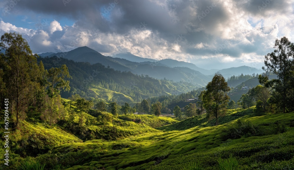 Fototapeta premium Lush tea plantation valley under dramatic sky