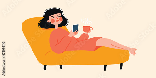 A woman enjoying a moment of relaxation and comfort, sitting in an armchair with a cup of warm coffee and a mobile phone.