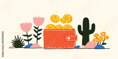 An illustrated, vibrant image of a wallet overflowing with gold coins nestled amidst desert flora. capturing the themes of financial prosperity and growth.