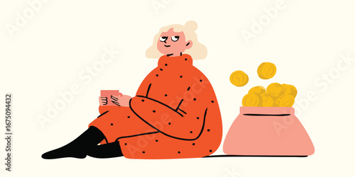 A person sits beside a money bag, surrounded by coins, pondering financial choices, the scene evokes thoughts of savings and prosperity. 