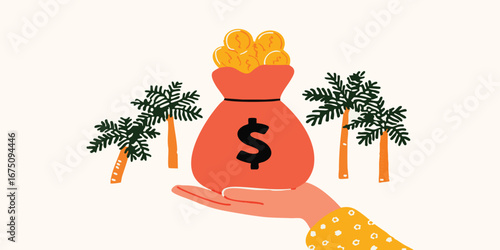 A hand presents a full money bag with golden coins on an island with palm trees, with a focus on wealth and investment opportunities.