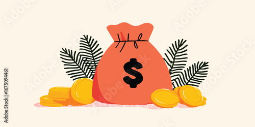A financial illustration of a money bag overflowing with gold coins, set against a backdrop of nature and currency.