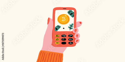 An illustrative rendering depicts a person holding a phone with a bitcoin symbol, representing the core of digital currency and the fusion of technology and finance. 