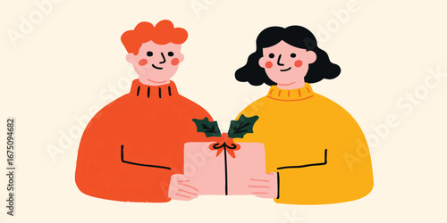 A loving couple is exchanging a beautifully wrapped gift, their faces are lit up with joy and excitement, perfect for conveying the warmth and magic of the season.