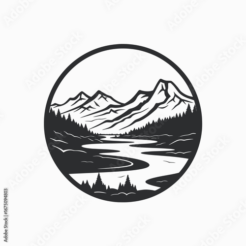 Majestic mountain vista with winding river and forest trees silhouette