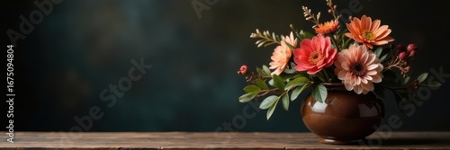 Wallpaper Mural Elegant brown ceramic urn, muted floral arrangement Dark background , peaceful, image Torontodigital.ca