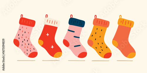 A festive collection of charming Christmas socks hanging together, evoking the warmth and joy of the holiday season, each adorned with unique and vibrant designs.