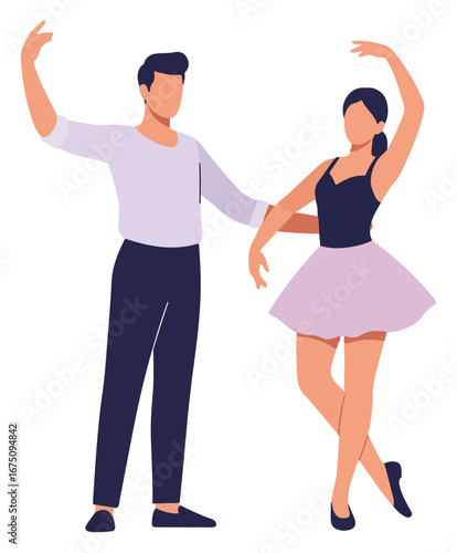 A couple dances ballet, the woman in a tutu and the man in trousers, both with arms gracefully raised.