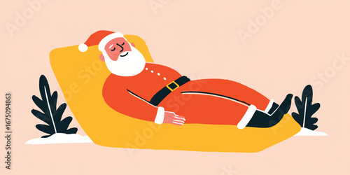 A whimsical illustration of Santa Claus taking a well-deserved rest, lying comfortably. Depicting Santa's jolly demeanor and holiday spirit.