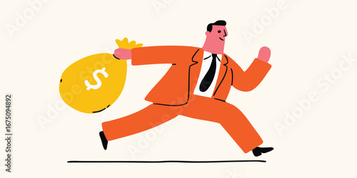 A dynamic illustration depicts a businessman running with a bulging money bag, representing financial pursuits and wealth acquisition.