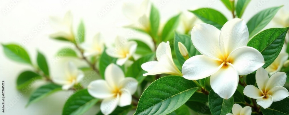 Obraz premium Elegant jasmine arrangement, lush green foliage, stark white backdrop , photography, vibrant, beauty