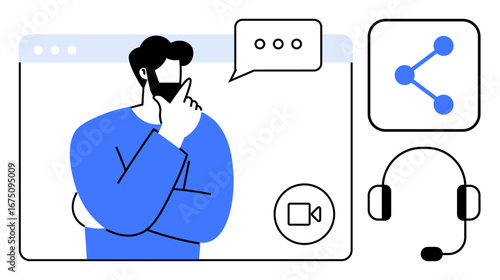 Man contemplating during video call, speech bubble, share icon, and headset. Ideal for remote work, digital communication, brainstorming, consultation, online support collaboration simple landing