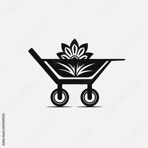 Black garden wheelbarrow filled flower and leaves in clean outline style silhouette