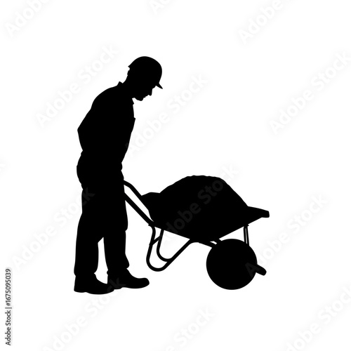 silhouette of a man pushing a wheelbarrow