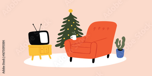 An inviting, animated living room scene filled with holiday charm. A decorated Christmas tree stands tall, and a cozy armchair, with a mug of coffee sits ready.