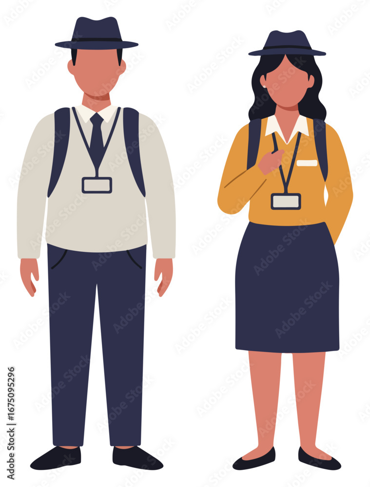Two figures, a man and a woman, wearing hats, backpacks, and name tags, standing side by side.