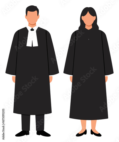 Formal black robes of a male and female judge, standing side-by-side, in a neutral pose.