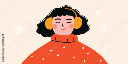A serene winter scene featuring a girl in cozy winter wear, enjoying a moment of peaceful solitude amid the falling snowflakes. Capturing a moment of peace and serenity. 