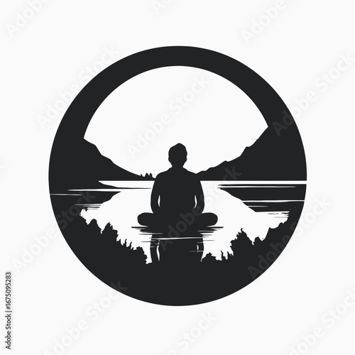 Meditative monk on the lake framed by the circle, black silhouette