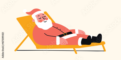 A jolly Santa Claus relaxes on a sun lounger. The image captures the playful and relaxed spirit of the holiday season.