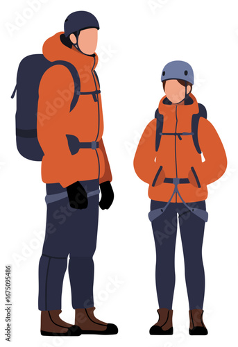 Two mountaineers, a man and a woman, stand side-by-side wearing climbing gear and orange jackets, ready for an expedition.