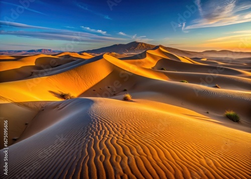 Erg Chebbi dunes at dawn with warm golden light