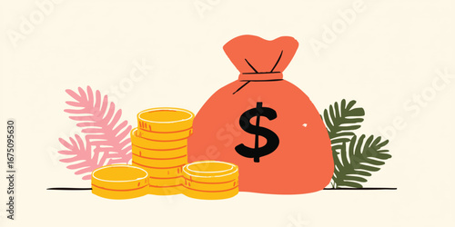 An eye-catching illustration of a money bag overflowing with wealth and coins. This captivating composition highlights concepts of wealth, finance, and economic success.