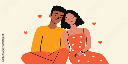 A tender illustration captures the intimacy of a couple, their closeness symbolized by a loving embrace. Hearts playfully dance around them.