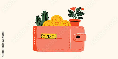 A vibrantly illustrated wallet, brimming with golden coins and flourishing plants, visually embodies concepts of financial growth and abundance.
