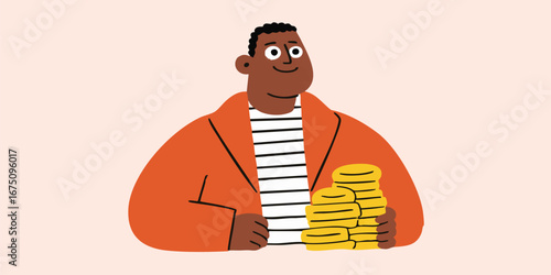 An illustration shows a cheerful person clutching stacks of gold coins, embodying themes of prosperity and success.