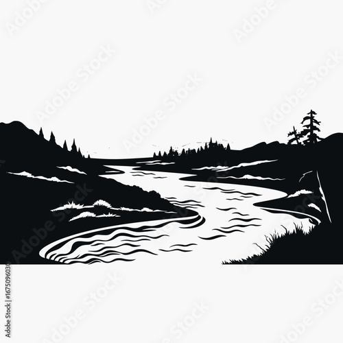 Serene river winds through mountainous landscape, creating a peaceful valley silhouette