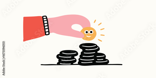 A hand places a shining coin onto a stack, illustrating savings, investments, or financial growth and creating a sense of optimism and prosperity.