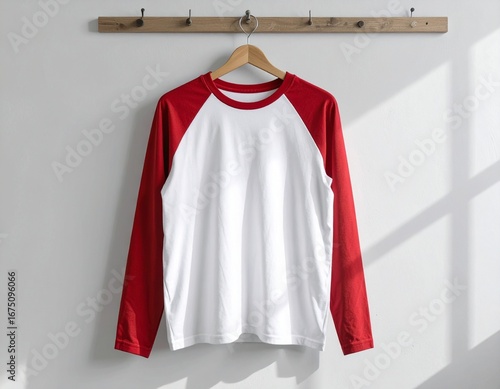Red and white long-sleeve raglan t-shirt hanging on a wooden wall rack with natural light and shadows.