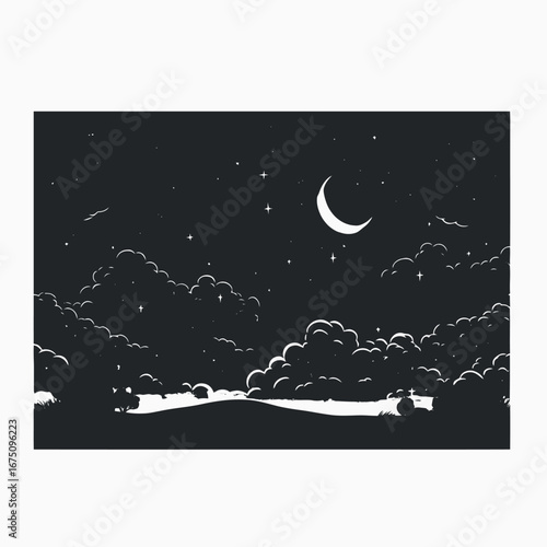 Beautiful nocturnal landscape with moon and clouds creative vector illustration silhouette