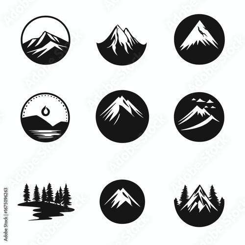 Collection of varied mountain designs displaying a minimalist monochrome graphical silhouette