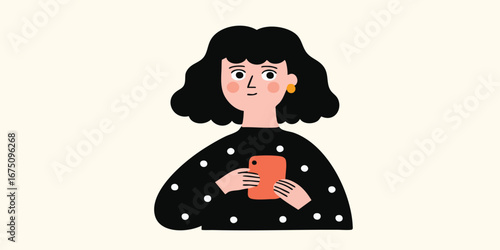 An illustration of a woman intently using a mobile phone, radiating a sense of contemplation and connection in her everyday life.