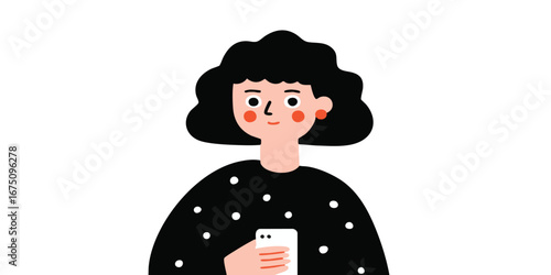An illustrated girl with short curly black hair holds a smartphone, looking intently at it. Capturing the beauty of the modern lifestyle in vibrant artwork.