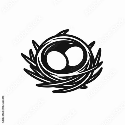 Simple birds nest drawing with eggs in black and white silhouette