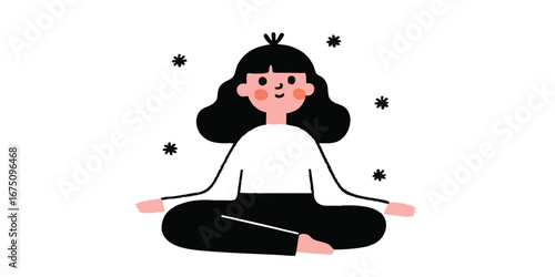 A serene illustration of a meditating woman finds inner peace, radiating calm and mindfulness, embodying a sense of tranquility.