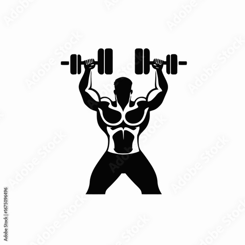 Powerful muscular man raising dumbbells workout fitness exercise gym silhouette