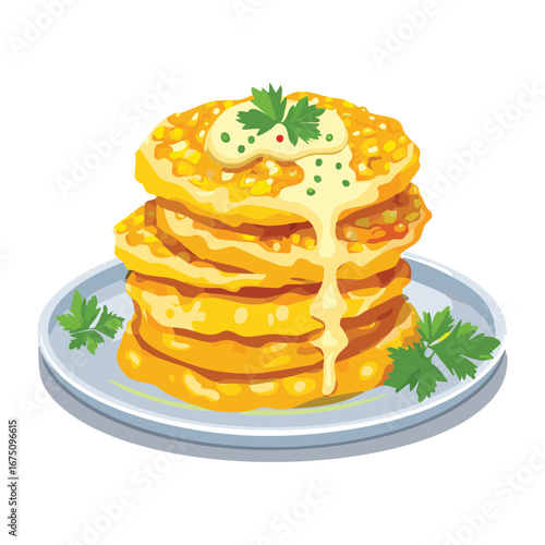 A stack of three golden brown corn pancakes with a pat of butter - Vector Illustration

