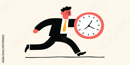 A businessman running with a clock symbolizing the concept of time management, efficiency, and the urgency of deadlines.