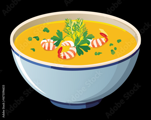 A bowl of delicious corn chowder with fresh shrimp and cilantro - Vector Illustration

