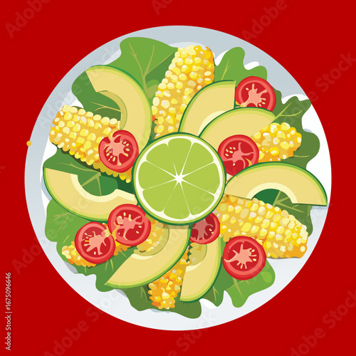 A fresh and colorful salad with corn, avocado, tomatoes, and lime slices - Vector Illustration

