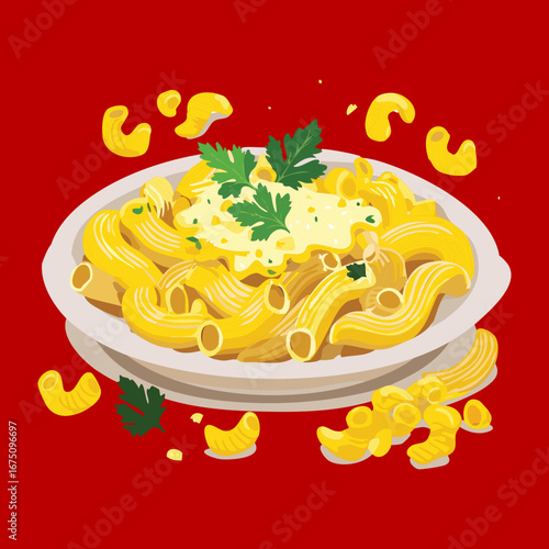 A plate of creamy macaroni and cheese with a sprinkle of fresh herbs - Vector Illustration

