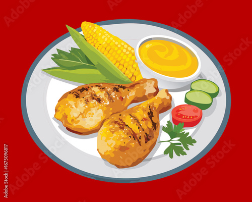 A hearty dish of grilled chicken, corn on the cob, and a boiled egg - Vector Illustration

