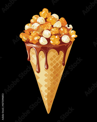 A delectable waffle cone with popcorn, nuts, and a delightful caramel drizzle - Vector Illustration

